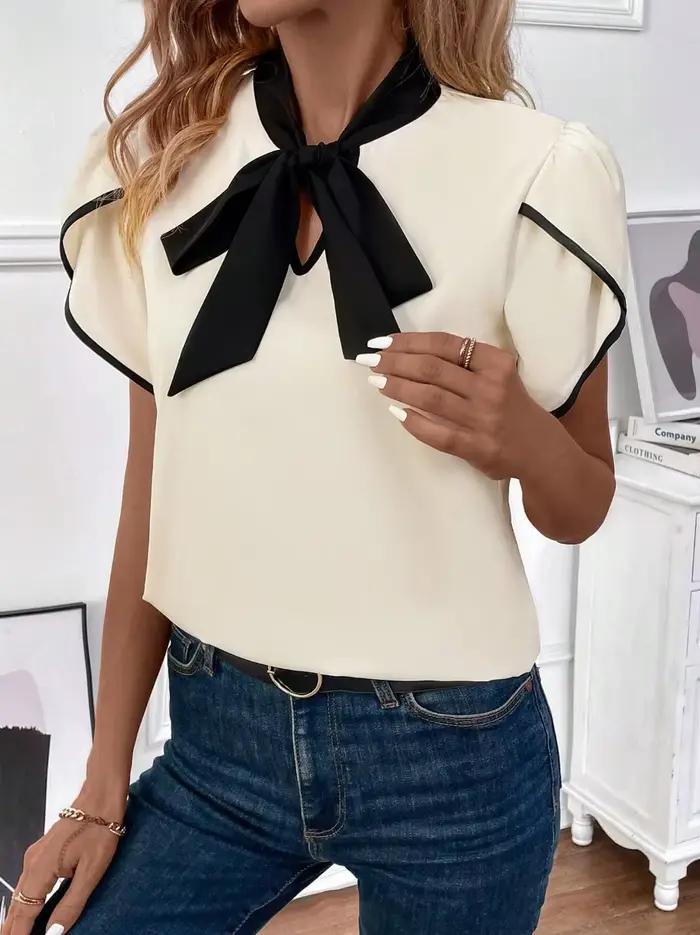 Chemisier Chic Basique Femme Printemps-Été Blanc Crème Noir Col Nœud Papillon Manches Courtes Bouffantes Élégant pour la Saint-Valentin Tenue de Bureau