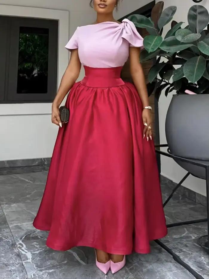 Robes Maxi bloc de couleur rouge pour femmes, manches courtes, taille haute, ligne A, mode Slim, fête, Club, bal, robes de soirée élégantes et simples
