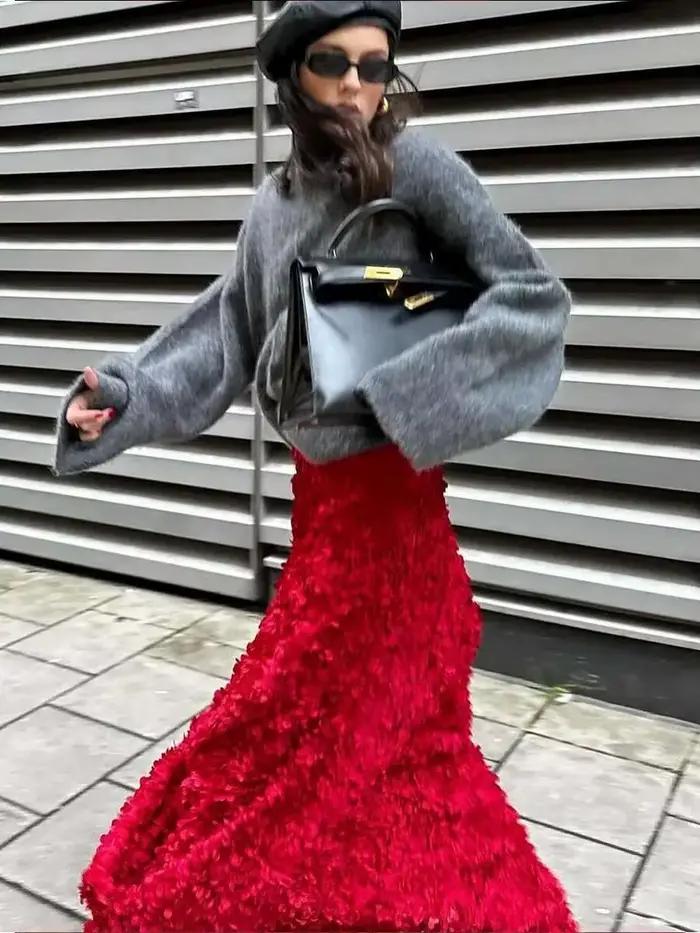 Hiver rouge mode longue pétale jupe femmes Design pired robe de soirée élégante dame Unique taille haute