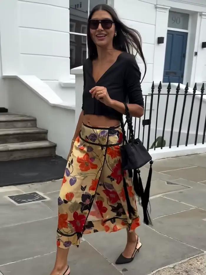 Jupes Rétro Femme à Motif Floral, Fendues, Taille Haute Irrégulière, Coupe Ample, Tendance Chic, Nouvelle Collection Printemps-Été 2026, Idéales pour les Rendez-vous