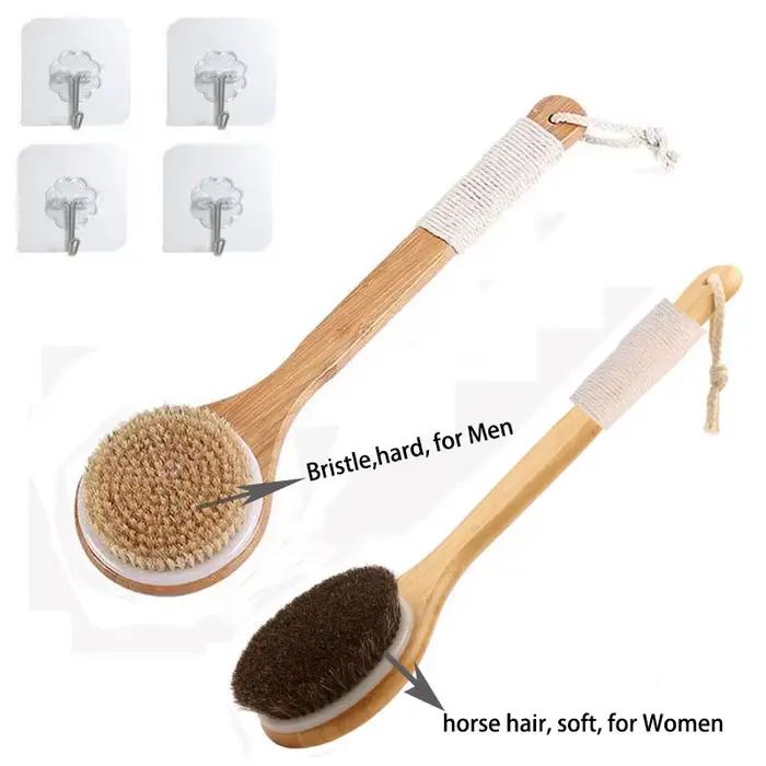 Brosse pour le dos à long manche pour exfolier la peau avec des poils – Brosse pour le corps du dos en bois pour le brossage et l'épurateur sec pour la douche