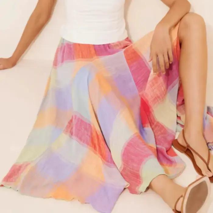 Jupe plissée à carreaux colorés pour femmes, élégante, Y2K INS Mori Girl, taille haute, ample, vacances d'été, jupe longue, Streetwear