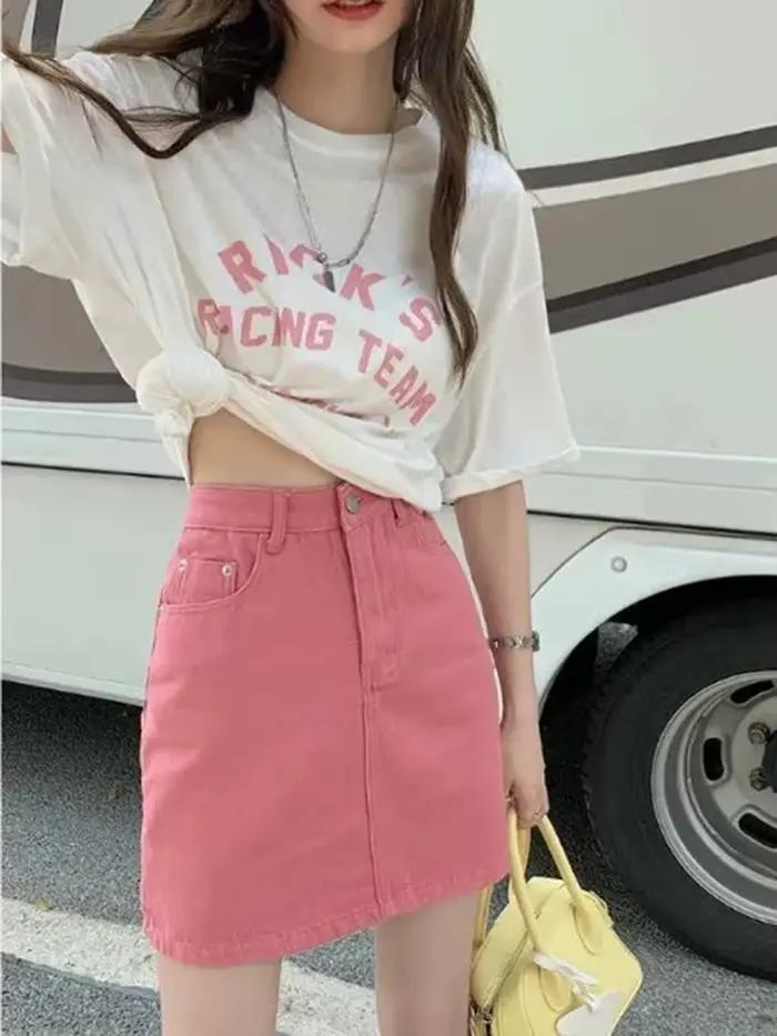 Mini Jupe en Jean Rose Doux pour Femme
