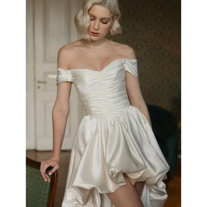 Robe de mariée simple en satin, asymétrique, courte devant et longue derrière, légère, pour fête d'anniversaire, demoiselle d'honneur, soirée, personnalisable