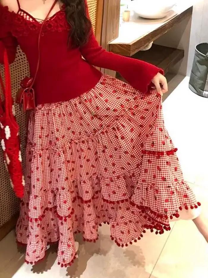 Jupe longue à carreaux fraise mignonne pour femme, taille haute, ample, style gâteau, printemps, style preppy, kawaii, vintage