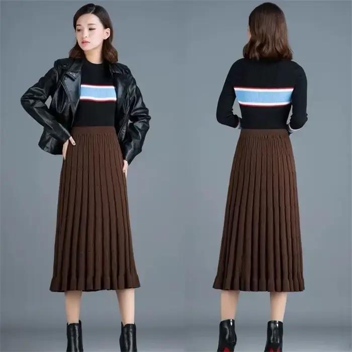 Jupe plissée tricotée mi-longue pour femme