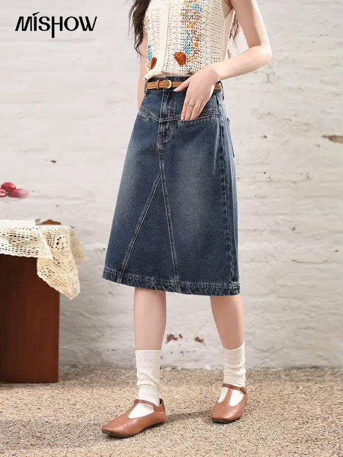 Jupe trapèze en denim avec poches brodées