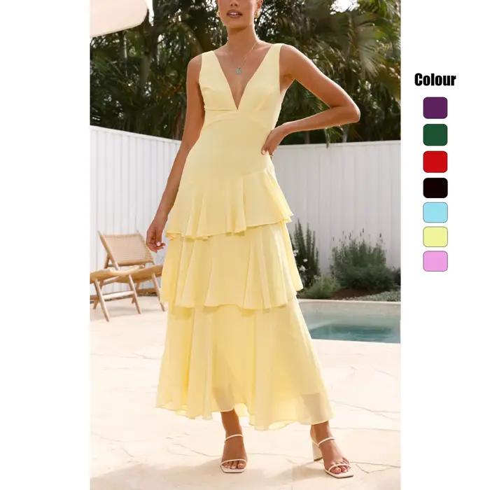Robe longue à col en V, couleur unie, avec ceinture, style vacances d'été, jupe à volants, en polyester, sans manches, taille mi-haute, fraîche et élégante