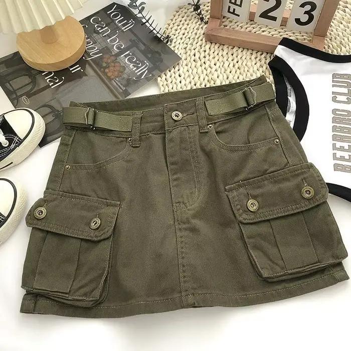 Vintage Denim Cargo jupes femmes Chic haute rue 4 couleurs tout-match été Hotsweet Ins poches Mini a-ligne Faldas Sexy collège