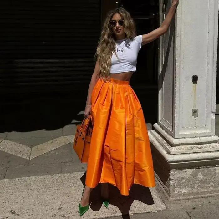 Décontracté Orange Satin jupe Midi cheville longueur femmes jupes sur mesure
