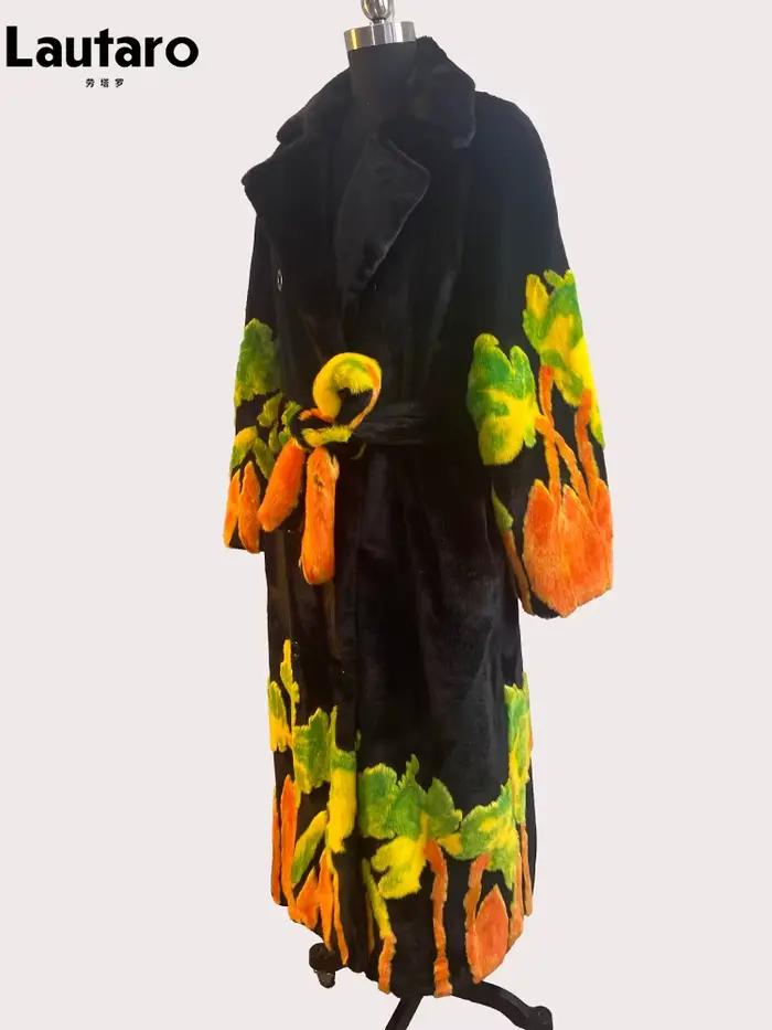 Lautaro automne hiver Long chaud épais doux Chic coloré moelleux fausse fourrure de vison manteau femmes ceintures de luxe lâche fourrure pardessus 2024