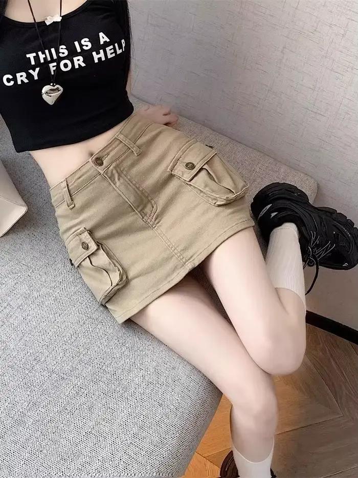 Jupe courte amincissante taille haute pour femme, couleur kaki, style américain tendance, jupes mi-longues, style rétro, polyester denim