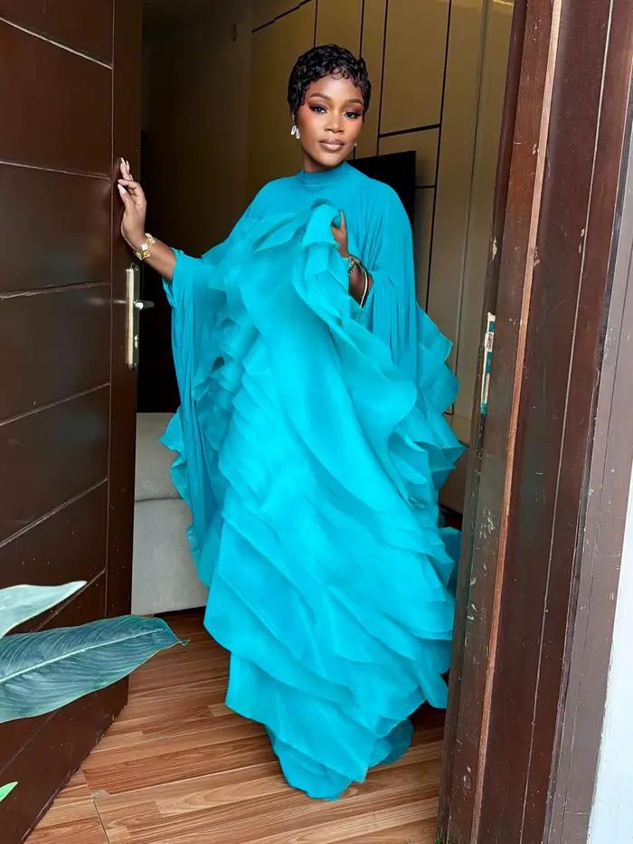 Robe longue plissée turquoise à volants, style africain, en mousseline, col montant, manches longues, superposée, pour soirée et mariage