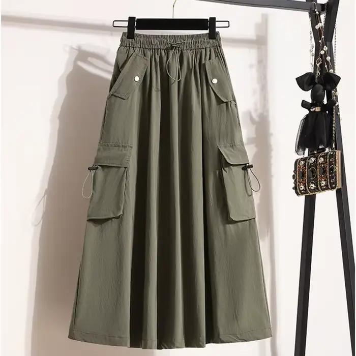 # Jupes cargo d'été 1708 pour femmes, jupes trapèze à poches latérales, jupes midi amples style streetwear, taille élastique, style français