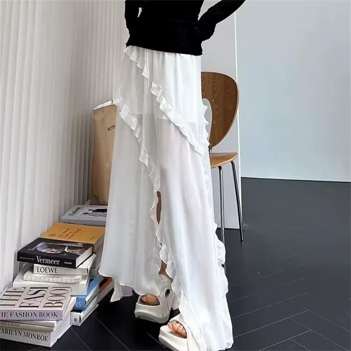 2025 Korean New Irregular High Waist Skirts Vintage Lady White Skirt French Style Fashion Ruffles Sweet