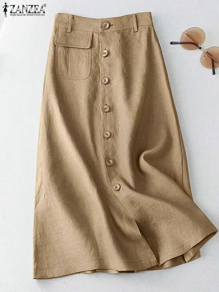 ZANZEA élégant coton Midi jupes décontracté boutonné a-ligne Jupe femmes taille haute