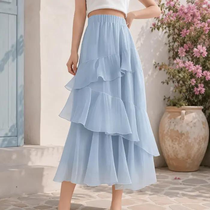 Jupe longue bleue tendance à volants