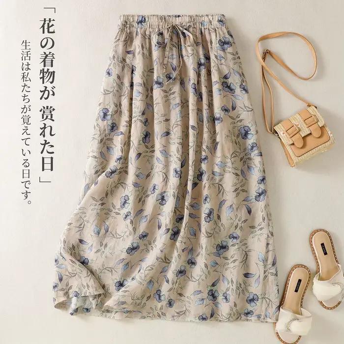 Jupe en coton et lin imprimée style ethnique pour femme