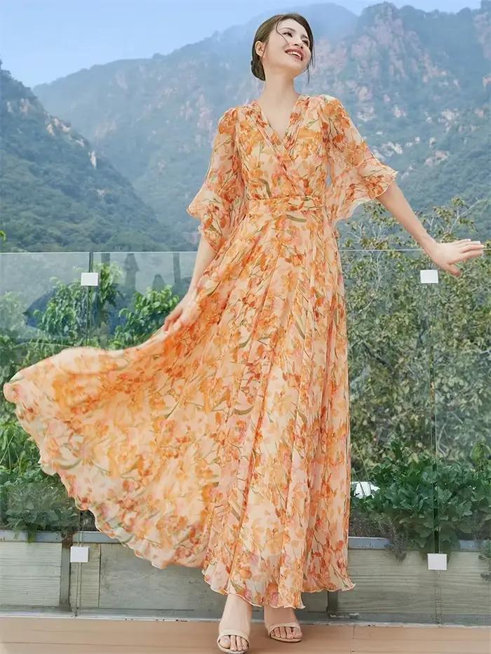 Jupe longue florale en mousseline de soie taille cintrée col en V sans manches pour femmes occasions estivales et formelles