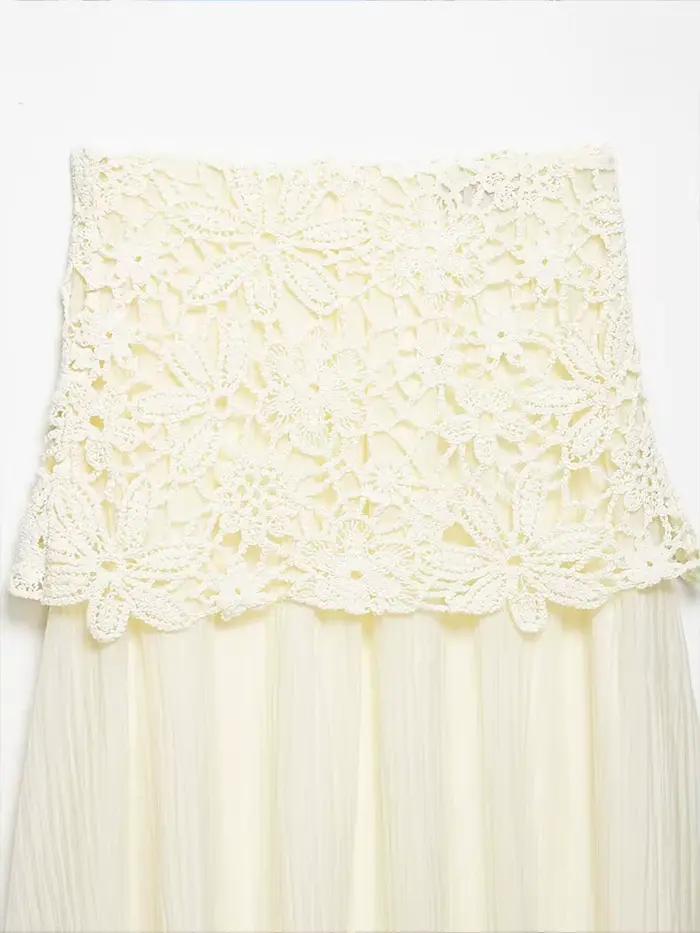 Jupe mi-longue décontractée en mousseline froissée respirante à taille haute en dentelle crochetée pour femme – Collection Printemps-Été