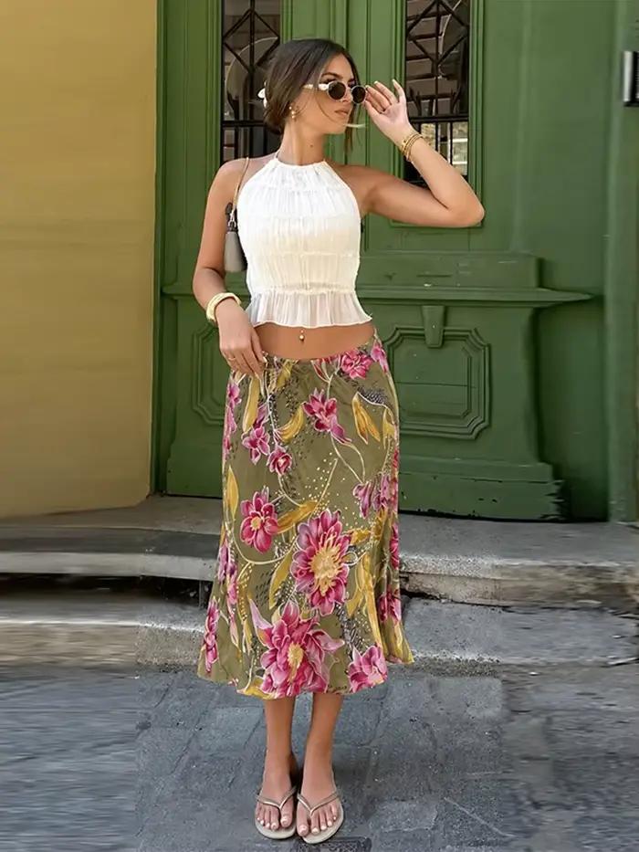 Jupes Rétro Femme à Motif Floral, Fendues, Taille Haute Irrégulière, Coupe Ample, Tendance Chic, Nouvelle Collection Printemps-Été 2026, Idéales pour les Rendez-vous