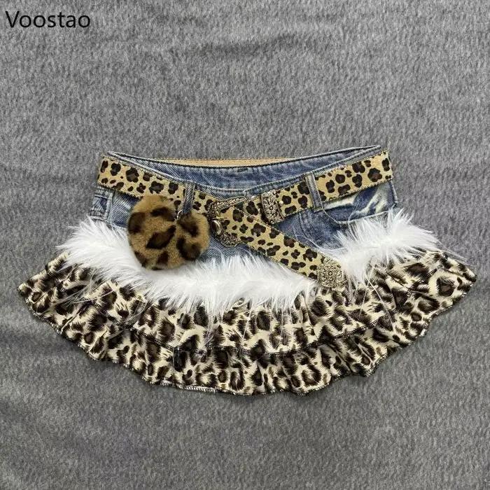 Jupe gothique grunge Y2K vintage imprimé léopard fausse fourrure patchwork denim pour femmes occasions spéciales carnavals punk style