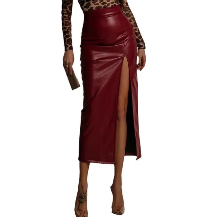 Jupe mi-longue en cuir Pu pour femmes
