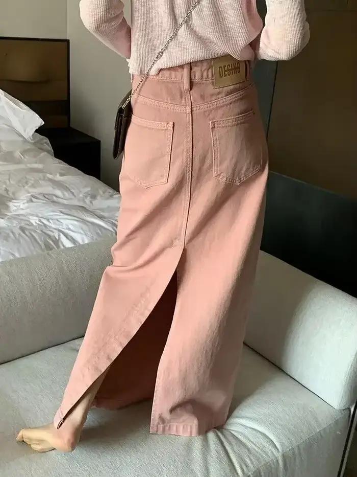 Jupe en jean rose taille haute pour femmes, style paresseux rétro, mince, mode coréenne, jupes longues fendues polyvalentes, décontracté, été, nouveau