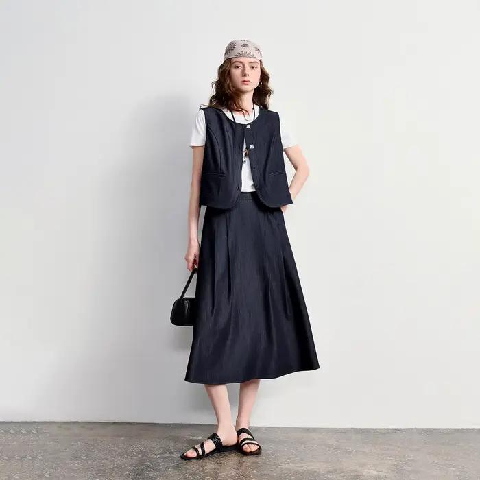 Jupe plissée trapèze TOYOUTH pour femme, effet denim, nouvelle collection été 2026, style rétro Old Money, simple et élégante, dissimule les hanches