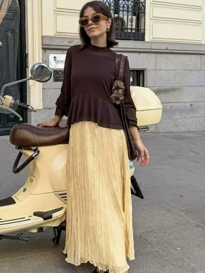 HH femmes élégant jaune plissé longues jupes taille élastique ample décontracté