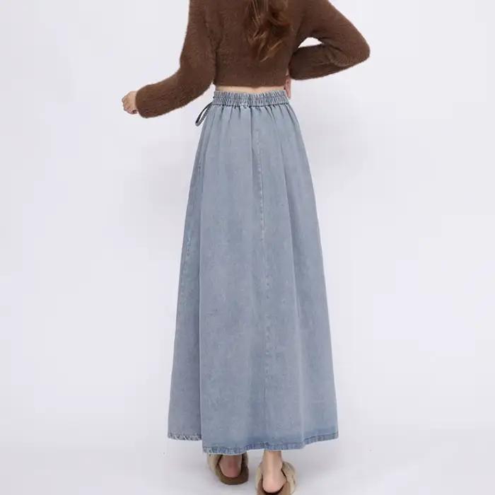 Corset à lacets Midi jupes longues femmes printemps été Style coréen Vintage taille haute Jean jupe a-ligne à volants
