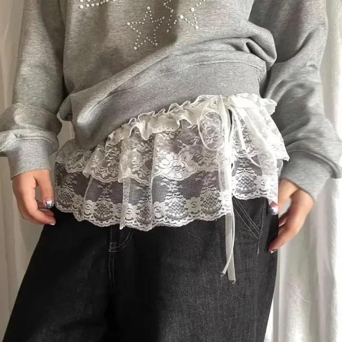 Femmes Y2K coréen dentelle Mini jupe superposée Streetwear à lacets volants Harajuku taille haute plissée dames