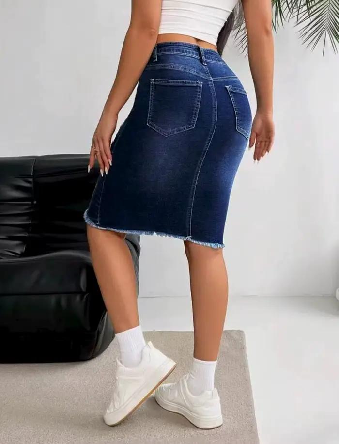 Jupe en jean extensible taille haute pour femme avec ourlet déchiré et effiloché