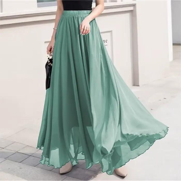 Jupe en mousseline de couleur unie pour femmes, nouvelle collection printemps-été, décontractée, ample, taille haute, taille élastique, jupe longue, Roupas Feminina