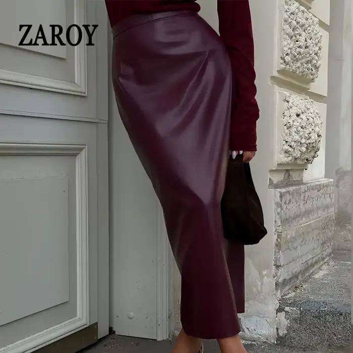 ZAROY – Jupe mi-longue en cuir bordeaux pour femmes
