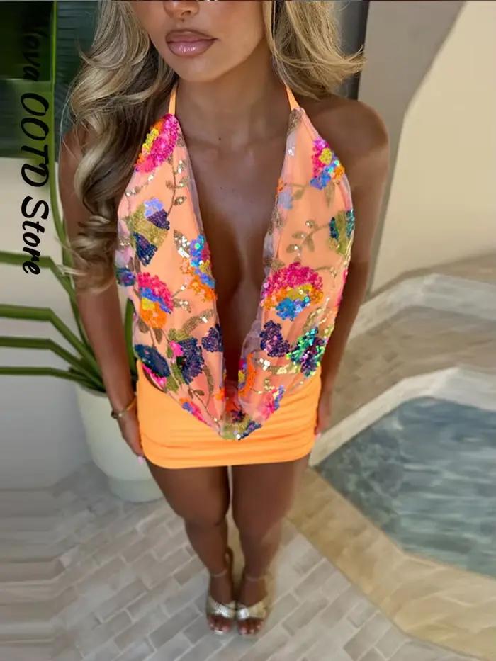 Club haut à paillettes gaine jupe ensembles femmes Sexy dos nu sans manches réservoir hanche paquet jupes 2025 été mode dame ensemble de fête ﻿