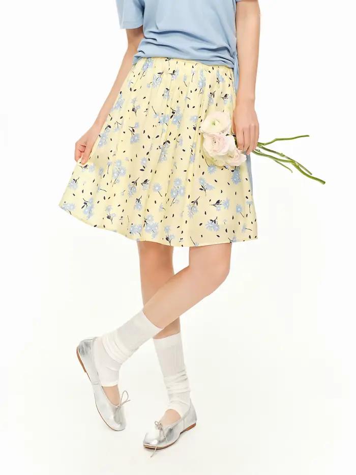Jupe DUSHU Chic Daisy imprimée jaune taille haute décontractée pour femmes sorties nocturnes été 2026 coton polyvalent trapèze floral