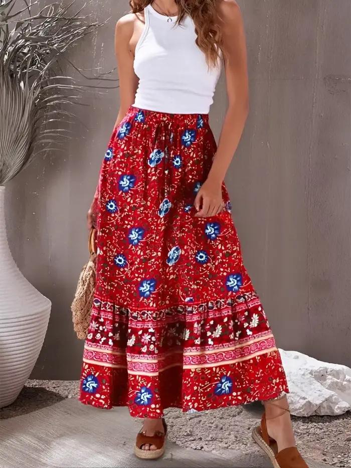 Jupe longue en rayonne BOHO QUEENS imprégnée de motifs floraux pour femmes style bohème plage été