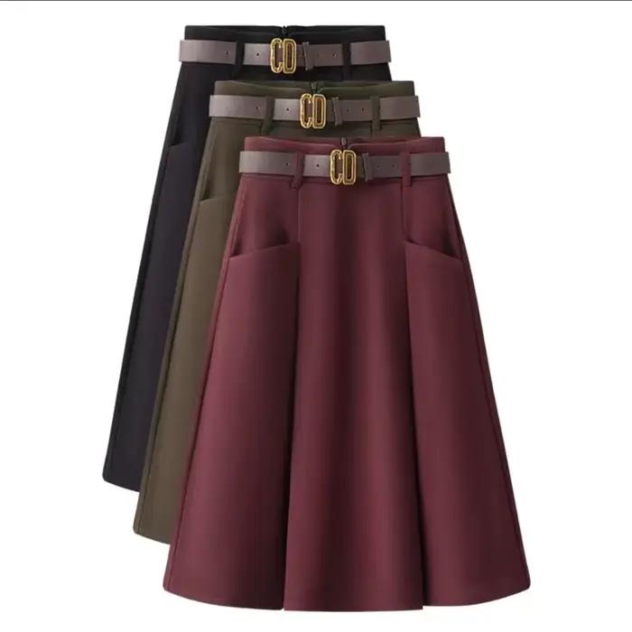 Femmes mode laine mi-longue jupes 2025 dame a-ligne grand parapluie jupe printemps automne Femme taille haute plissée