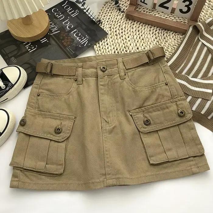 Vintage Denim Cargo jupes femmes Chic haute rue 4 couleurs tout-match été Hotsweet Ins poches Mini a-ligne Faldas Sexy collège