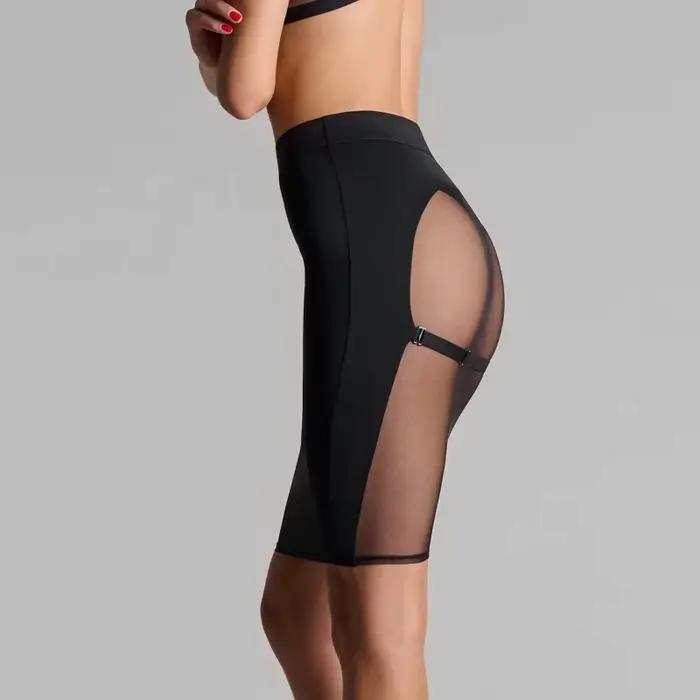Jupe crayon moulante mi-longue en maille transparente patchwork pour femme avec bretelles réglables