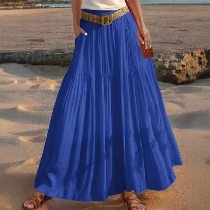 Jupe longue élastiquée unie à taille élastique et ourlet ceinturé pour femme