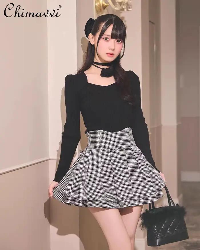 Japonais Lolita jupes à volants plissé jupe à carreaux femmes 2025 printemps nouveau élastique taille haute minceur