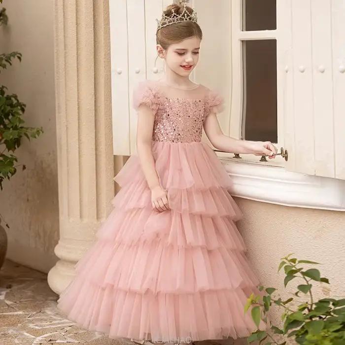 Robe longue 2025 rose paillettes filles robes de princesse vêtements enfants Pageant hôte Tulle fête d'anniversaire bébé robe enfants Costumes
