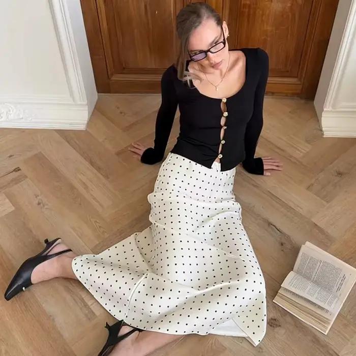 Jupes longues à pois pour femme, jupe midi superposée en satin, jupe plissée d'été pour femme, jupe crayon taille haute pour femme