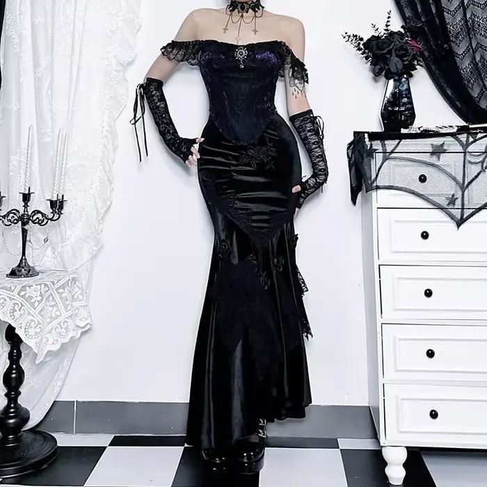 Jupe longue en velours Orevena pour femme, style vintage jacquard, coupe sirène, jupe féerique grunge, jupe victorienne steampunk