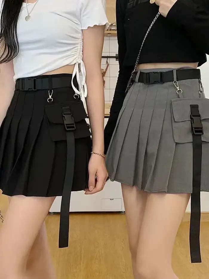 Zoki Harajuku ceinture plissée Cargo jupe femmes mode gothique taille haute poche Mini jupes