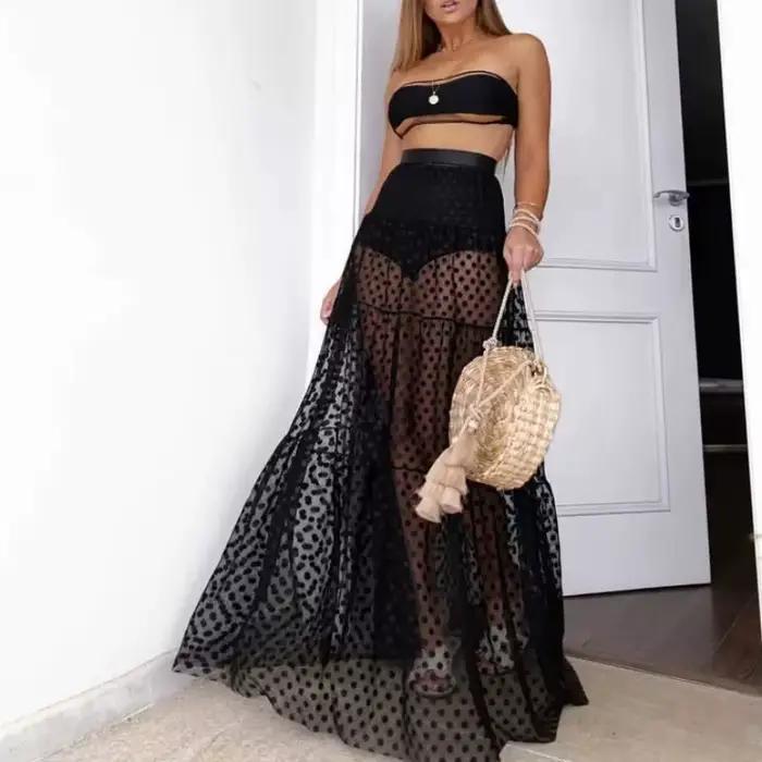 Y2K – jupe Maxi en dentelle noire pour femmes
