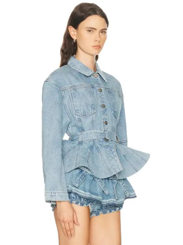 Ensemble deux pièces en jean pour femme : veste sexy à manches longues avec ceinture et short à nœud – Tenue de soirée et cocktail