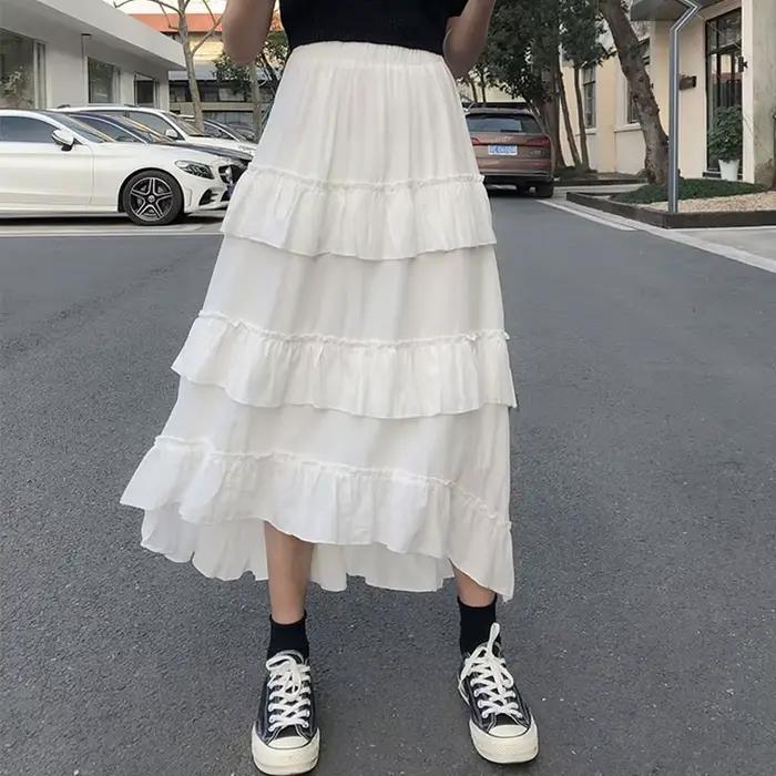 Qiukichonson-Jupe Longue Midi pour Femme, Vêtement Maxi, Goth Lolita, Taille Haute, Bas, Froncé, à Volants, Style Rok, Été